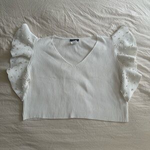Pearl-Embellished White Ribbed V‑Neck Crop Top
